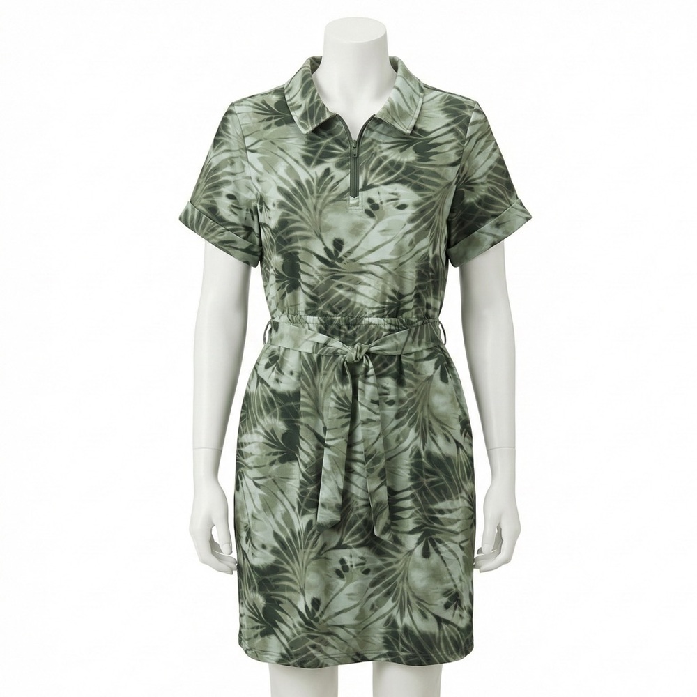Sport Savvy Green Palm Leaf Comfy Zip Dress Tie Waist Plus Size 1X